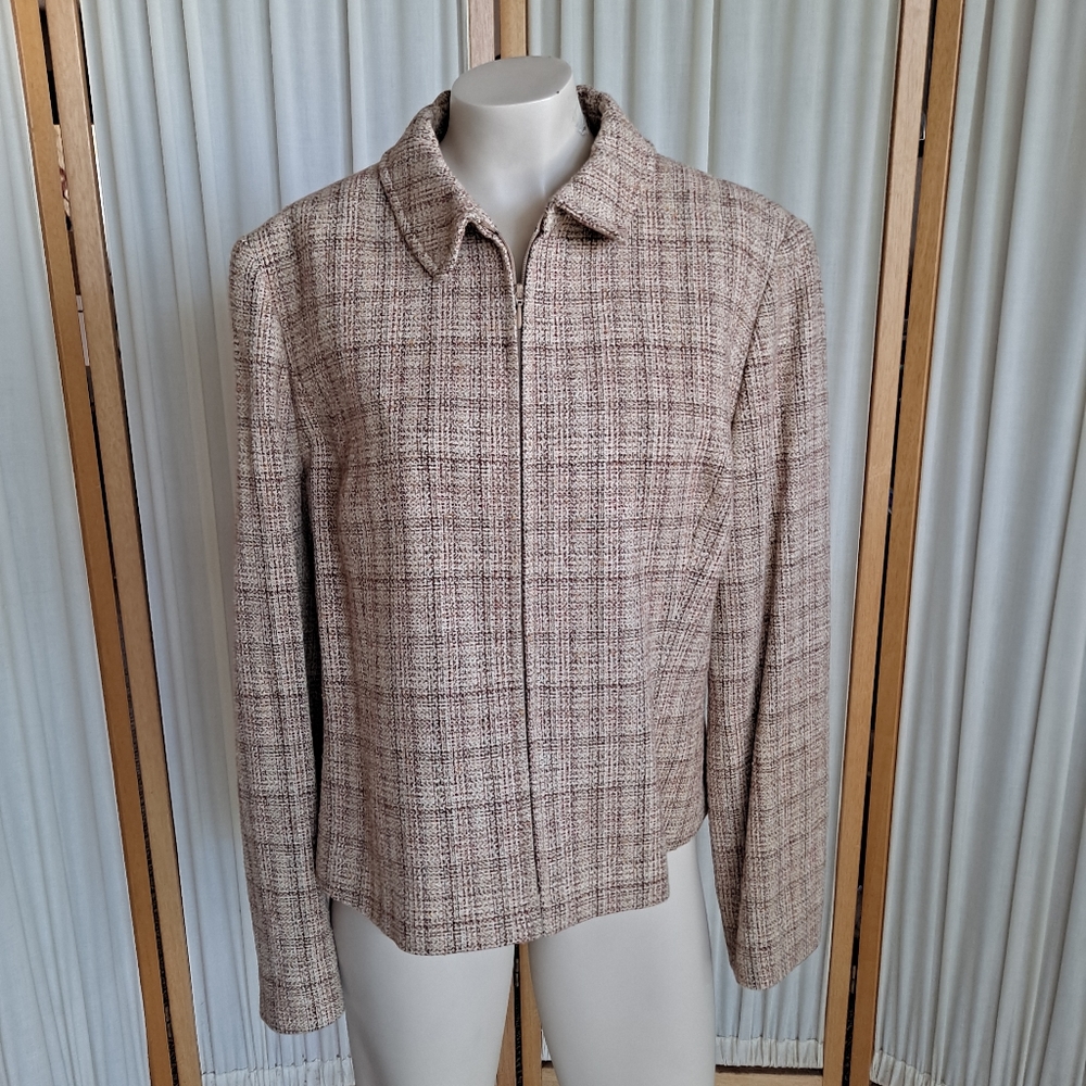 Ann Taylor fitted plaid tweed silk and wool lined zip up jacket, 10